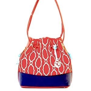 Spartina Sallie Ann Orange Cream Navy blue leather linen Bucket Bag purse VGUC